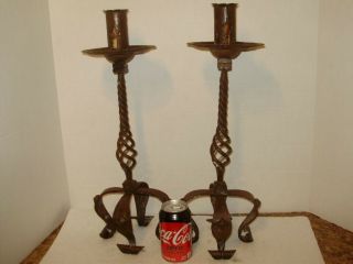 Antique Iron Spanish Revival Arts & Craft Large Candle Holder Pair Gothic Lookin