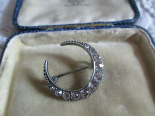 Antique Victorian Sterling Silver & Paste Diamond Crescent Moon Brooch