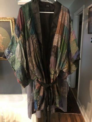 Sacred Threads Vtg 100 Silk Patchwork Kimono Duster Boho Robe Size L