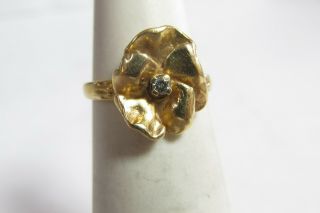 Vintage 14k Solid Gold Hand Made Ring Of A Flower With Natural Diamond