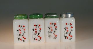 Complete Vintage Tipp City Milk Glass Small Red Blossoms Range Shaker Set C.  1939