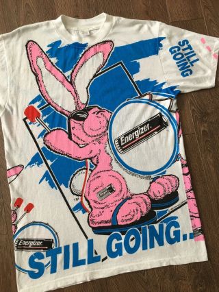 Vtg 90s Energizer Bunny All Over Print T Shirt L/osfa Promo Soccer Cartoon Usa