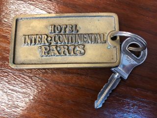 Rare Vintage Heavy Brass Hotel Inter Continental Paris Key And Fob