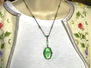 Art Deco Czech Green Glass Lariat Y Necklace