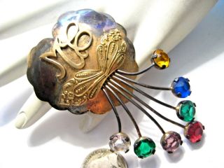 Large Antique Brooch Pin Sterling Silver With Gold Wash Big Bold Colored Crystal
