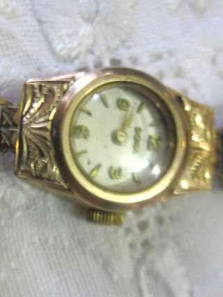 Vintage 14k Gold Doxa Ladies Wrist Watch W Black Leather Band