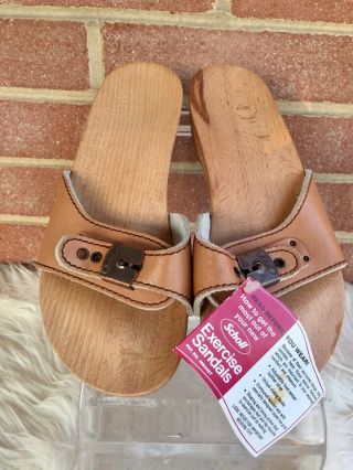 Vintage Dr.  Scholls Womens Slides Tan Leather Wood Heel Sandals Sz 7