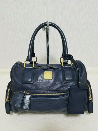 Authentic Mcm Navy Blue Monogram Leather Tote Bag Vintage
