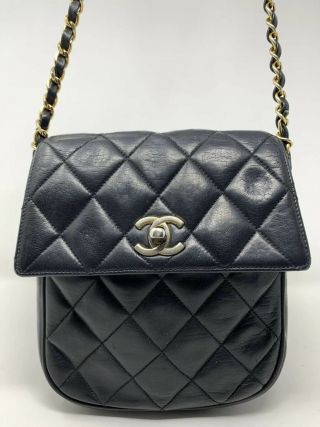 Vintage Chanel Black Quilted Lambskin Mini Flap Bag Chain Crossbody Turnlock