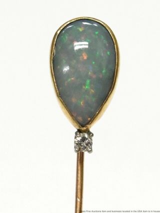 Antique Natural Black Opal Diamond 14k Gold Tie Stick Pin Terrific Play Of Color