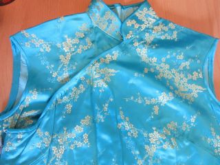 Vintage handmade Chinese Silk Cheongsam Blue & Gold Dress with Dogwood flowers 5