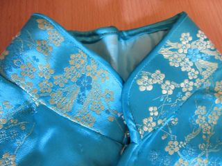 Vintage handmade Chinese Silk Cheongsam Blue & Gold Dress with Dogwood flowers 6