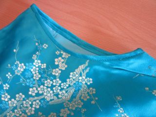 Vintage handmade Chinese Silk Cheongsam Blue & Gold Dress with Dogwood flowers 7
