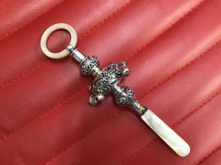 Lovely Victorian Silver Babies Rattle Teether Birmingham 1909 M Of Pearl 6 Bells