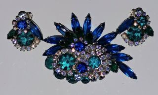 Vintage Juliana Blue & Clear Rhinestone " Owl " Brooch / Pin & Earrings