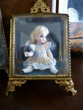 Adorable Miniature Antique All Bisque Jointed Doll In Antique Watch Case Box