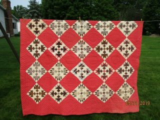 Vtg Hand Pieced Quilt Red & White Bear Claw 74 " X 66 "