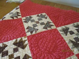 VTG hand pieced quilt red & white Bear Claw 74 