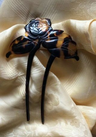 Antique Victorian Hair Comb Faux Tortoise Shell Carved Rose