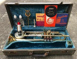 Vintage Conn U.  S.  A “director” Trumpet W/mute,  Mouthpiece,  Case & Band Folio’s