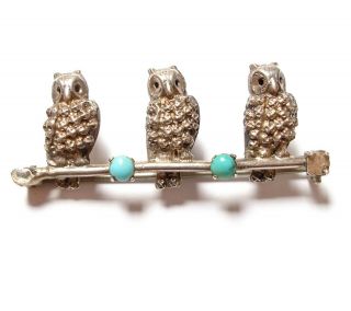 Antique Silver & Turquoise Paste Stone Owl Brooch Af