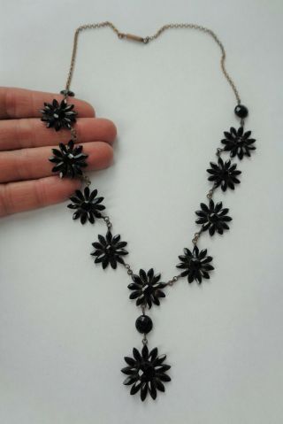 Antique Victorian Georgian Black French Jet Glass Mourning Flower Necklace