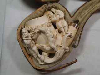 Antique German Meerschaum Figural Pipe - Minstrel Players W/dancing Dog - Fitted Box