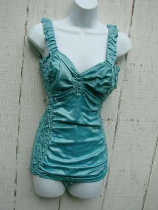 Vtg 40s 50s Swimsuit Bathing Suit Pin Up Pageant Ruching Satin England 36