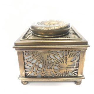 Rare Antique LCT Tiffany Studios Pine Needle Bronze & Glass Inkwell Signed 845 3
