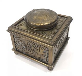 Rare Antique LCT Tiffany Studios Pine Needle Bronze & Glass Inkwell Signed 845 4