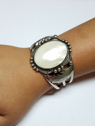 Vintage Large Signed D Secatero Sterling Silver Mother Of Pearl Cuff Bracelet