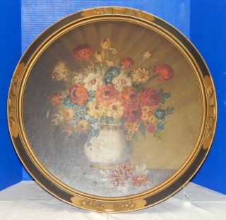 Absolutely Gorgeous Antique Floral Painting Circular Wood Ornate Frame 1900 