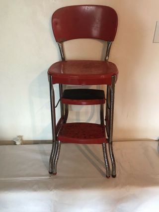 Vintage Cosco Step Stool Chair Fold Out Red Chrome Metal Industrial