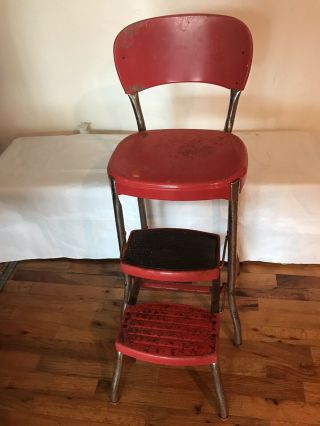 Vintage Cosco Step Stool Chair Fold Out Red Chrome Metal Industrial 2