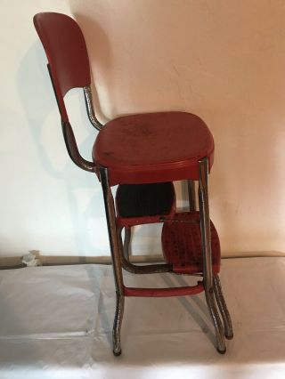 Vintage Cosco Step Stool Chair Fold Out Red Chrome Metal Industrial 3
