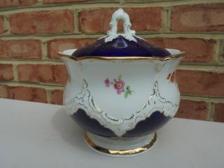 Antique Meissen Porcelain Cobalt Blue W Gold Hp Flowers Covered Biscuit Jar