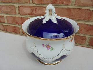 Antique Meissen Porcelain Cobalt Blue w Gold HP Flowers Covered Biscuit Jar 2