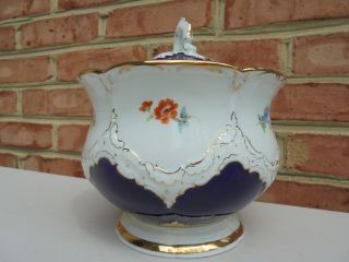 Antique Meissen Porcelain Cobalt Blue w Gold HP Flowers Covered Biscuit Jar 3
