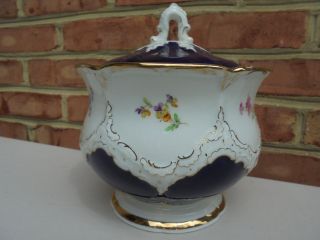 Antique Meissen Porcelain Cobalt Blue w Gold HP Flowers Covered Biscuit Jar 4