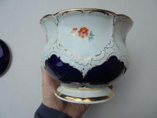 Antique Meissen Porcelain Cobalt Blue w Gold HP Flowers Covered Biscuit Jar 8