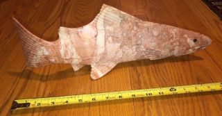 Vintage Inuit Eskimo Pink Stone Carving Salmon Fish Signed Eddie Lee Alaska 17”