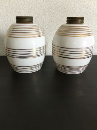Vintage Mid Century Tension Pole Lamp Screw In Glass Shades Set Of 2 Gold Stripe