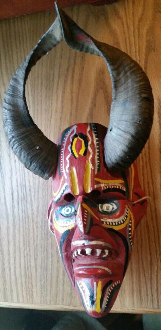 Vintage Mexican Folk Art Devil Mask,  Carved Wood,  Real Horns
