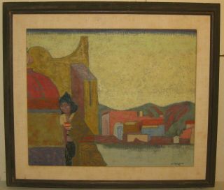Vintage 1956 Carolyn Stoloff Mid Century Modern Woman In City Oil Painting - Mcm