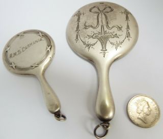 2 Lovely English Antique 1920 Sterling Silver Chatelaine Vanity Hand Mirrors
