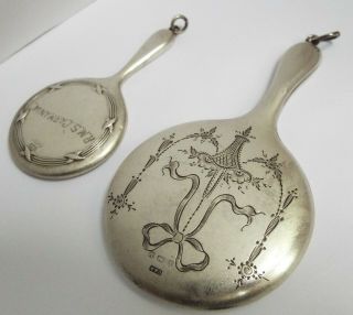 2 LOVELY ENGLISH ANTIQUE 1920 STERLING SILVER CHATELAINE VANITY HAND MIRRORS 3