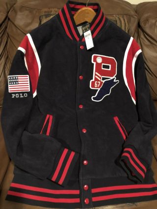 Vintage Polo Ralph Lauren P Wing Stadium Usa Flag Fleece Jacket Sz L