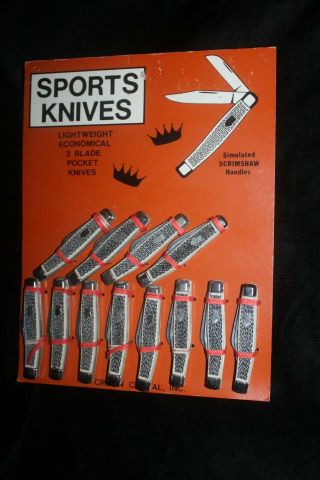 Vintage 1960 Sports Knives Store Display W/12 Simulated Scrimshaw Pocket Knives