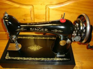 ANTIQUE SINGER SEWING MACHINE MODEL 66,  HAND CRANK,  LEATHER,  SERVICED 2