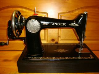 ANTIQUE SINGER SEWING MACHINE MODEL 66,  HAND CRANK,  LEATHER,  SERVICED 6
